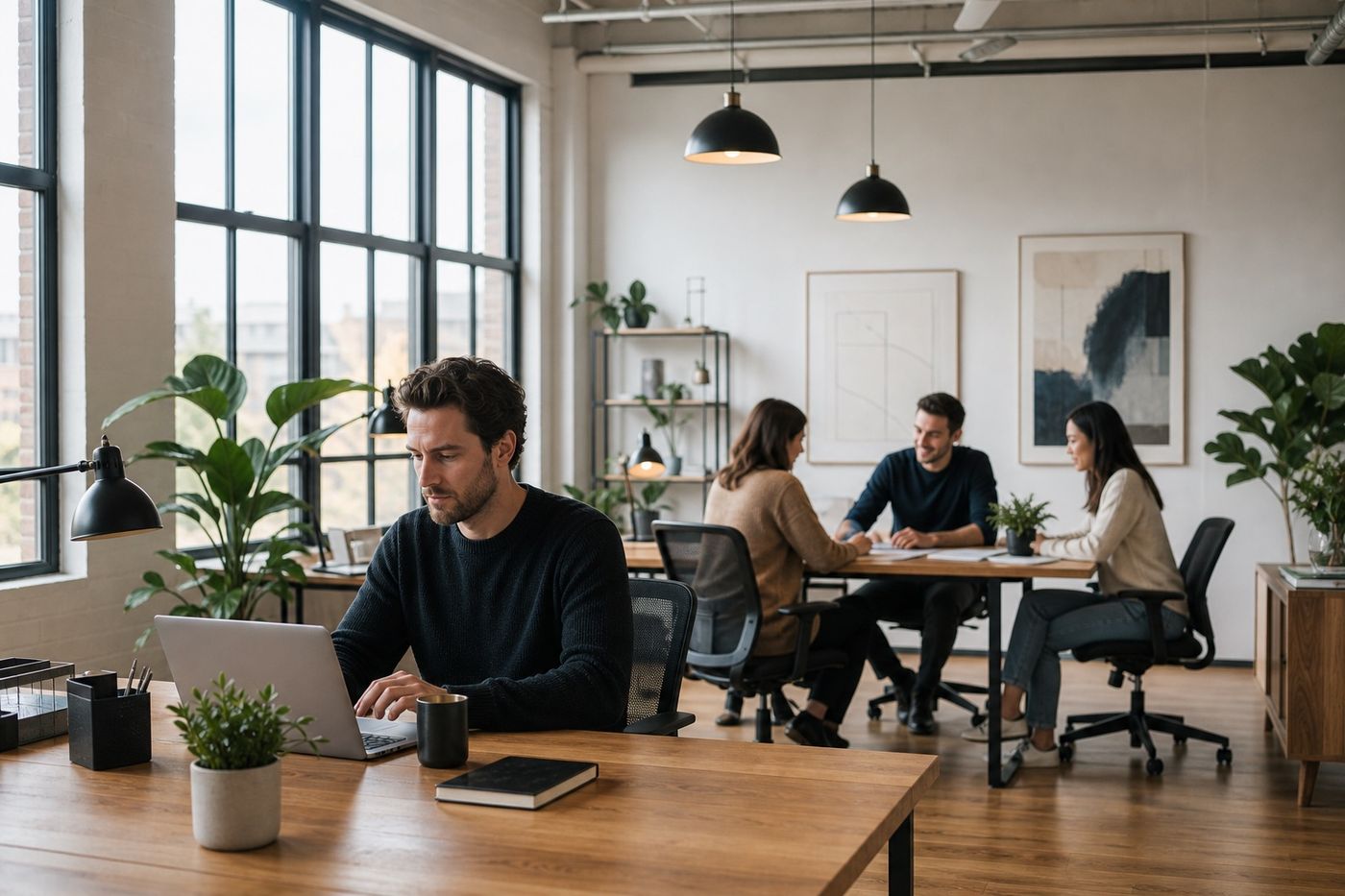 A modern web design studio team working together